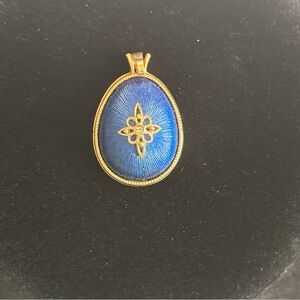 Vintage Avon Royal Impression Blue Satin Rhinestone Egg Pendant